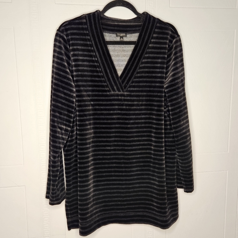 Talbots Plus Luxe Velour V Neck Long Sleeve Black Gray Striped Tunic Sz 1X EUC